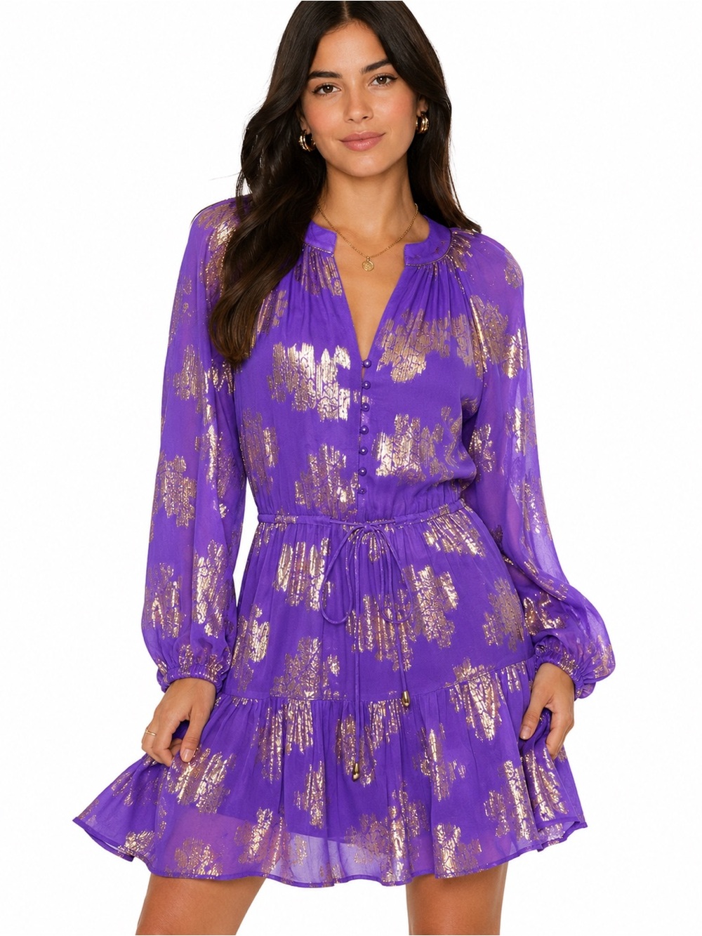 Karina Grimaldi Amethyst Gold Silk Metallic Mini Dress XS Boho Resort Luxe Party